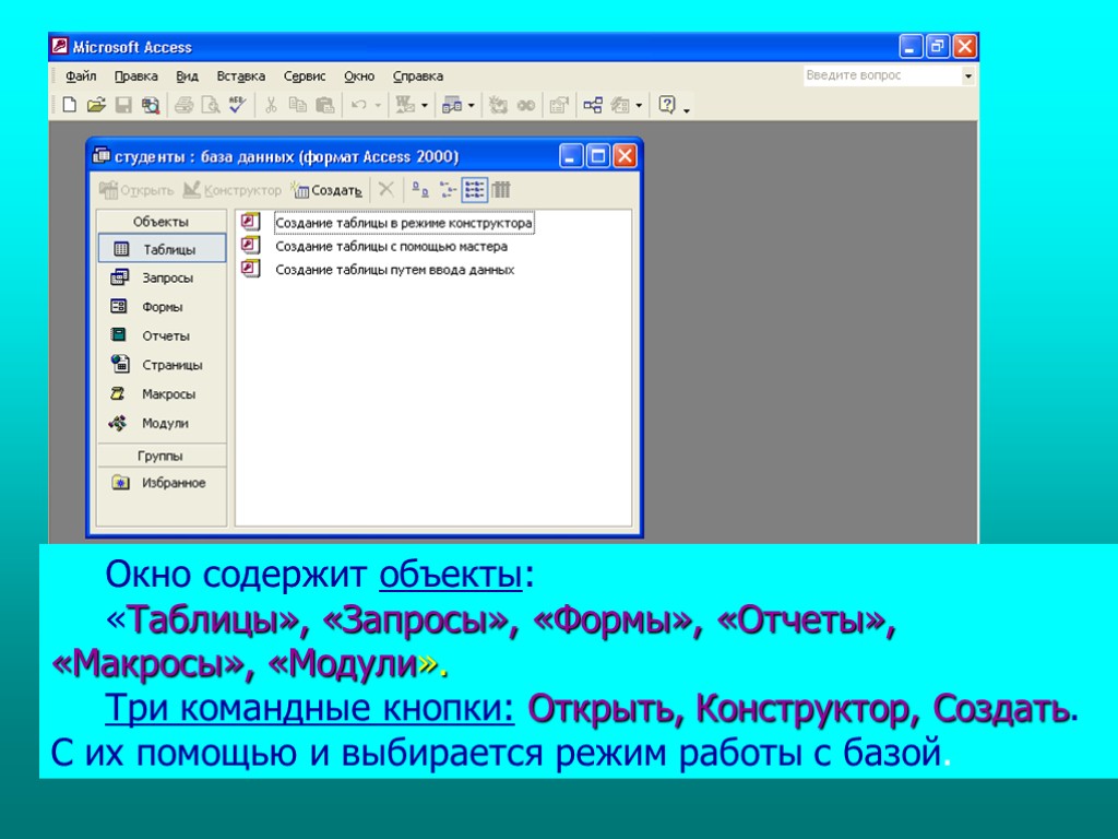 Окно содержит объекты: «Таблицы», «Запросы», «Формы», «Отчеты», «Макросы», «Модули». Три командные кнопки: Открыть, Конструктор,